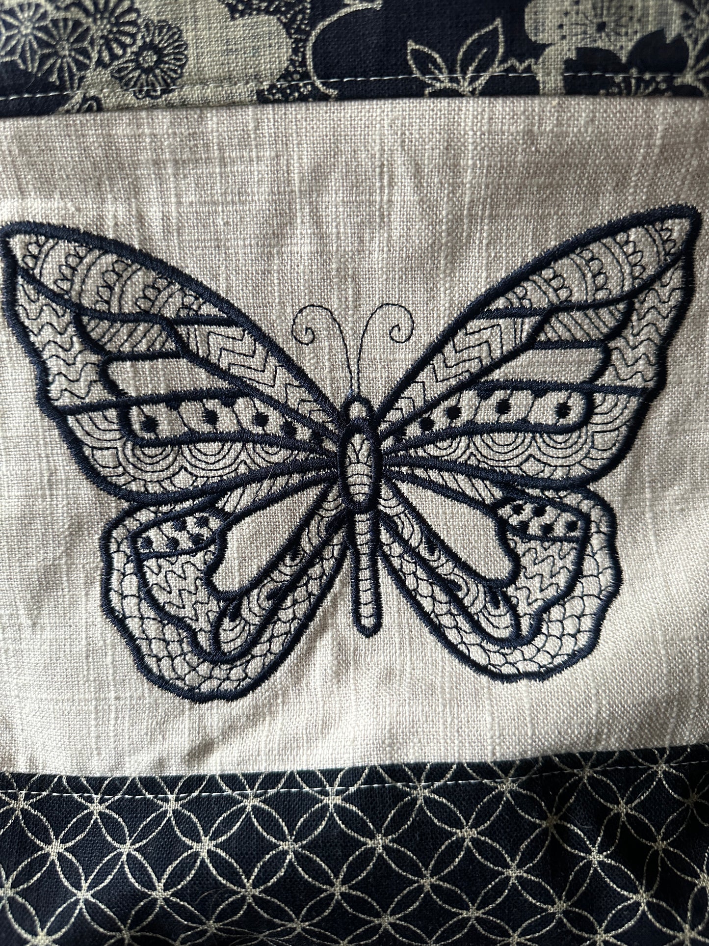 Indigo Linen with Butterfly Medium Shoulder Bag/Purse