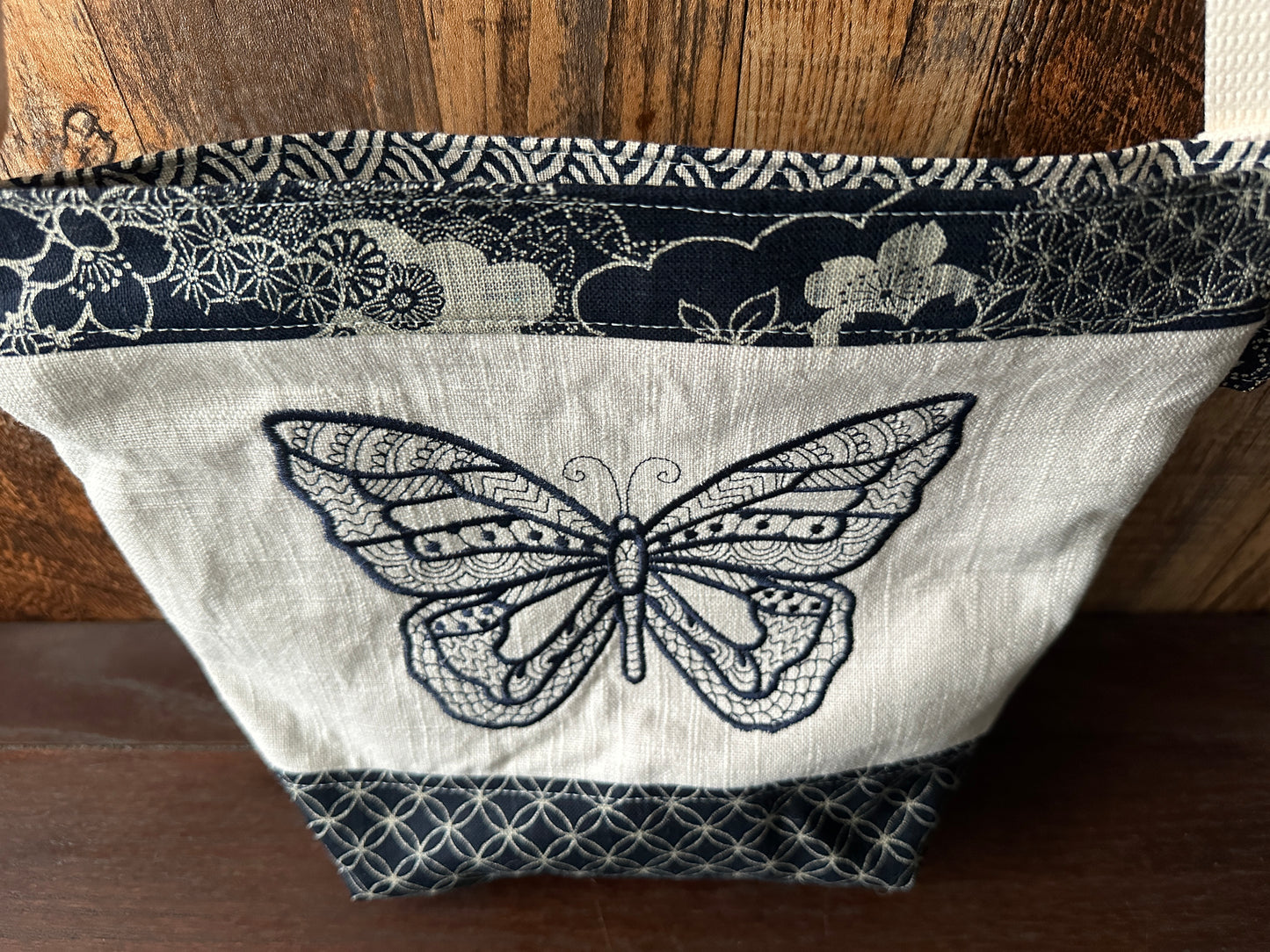 Indigo Linen with Butterfly Medium Shoulder Bag/Purse