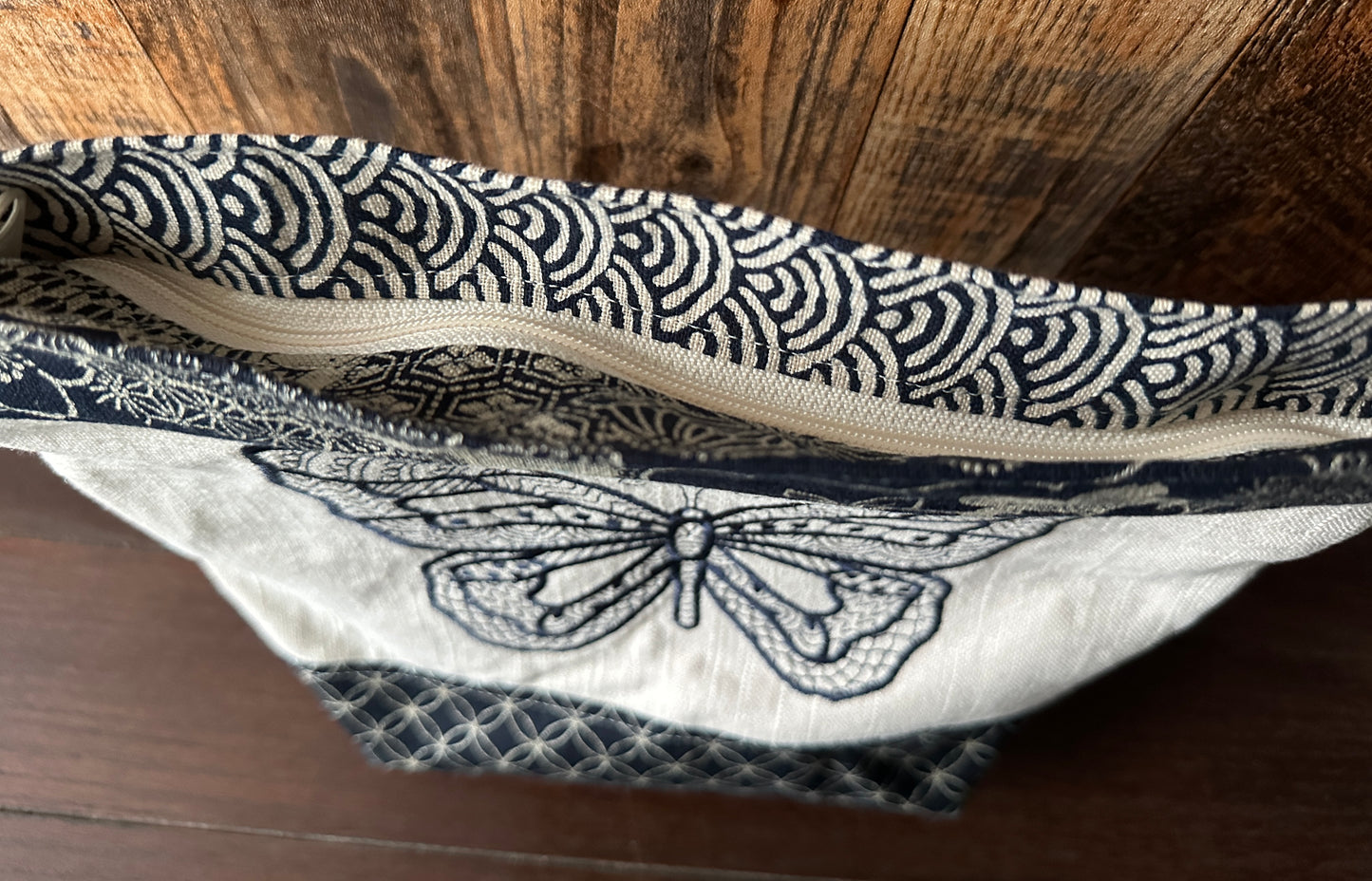 Indigo Linen with Butterfly Medium Shoulder Bag/Purse