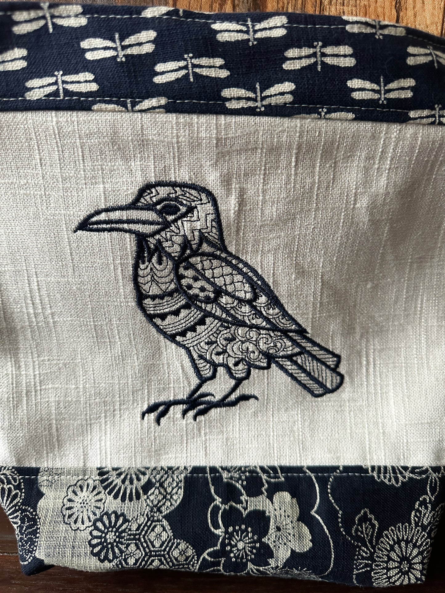 Indigo Linen with Raven Medium Shoulder Bag/Purse