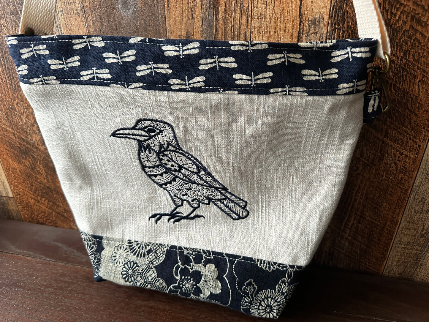 Indigo Linen with Raven Medium Shoulder Bag/Purse