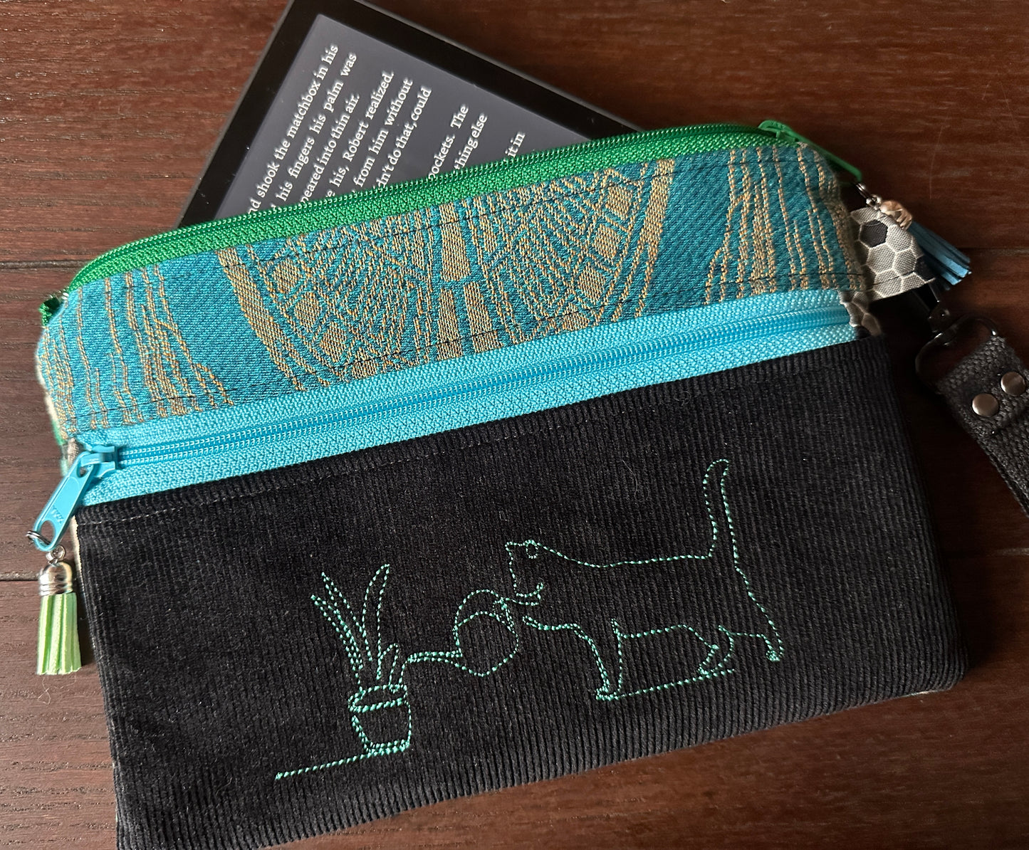 Black Cats and the Library Small Double Zipper Clutch and E-Reader Pouch