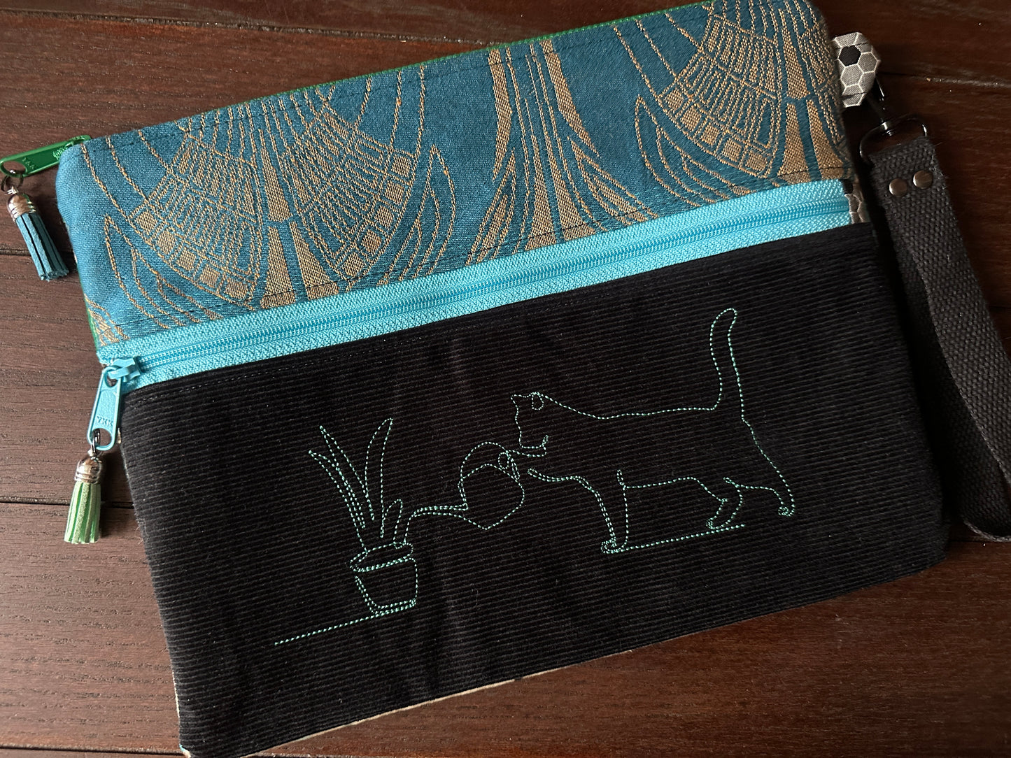 Black Cat in the Library Large Double Zipper Sleeve and Tablet Pouch