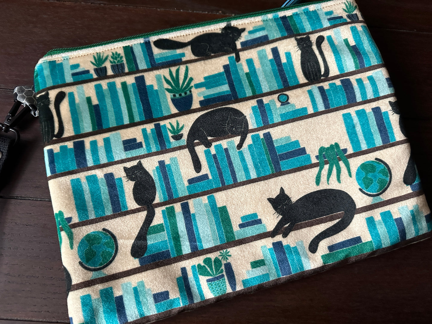 Black Cat in the Library Large Double Zipper Sleeve and Tablet Pouch