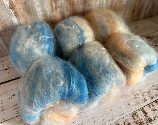 Cashgora, Merino, and Tussah Silk Art Batt for Spinning or Felting ~ Blue and Orange with Ivory Kid Mohair