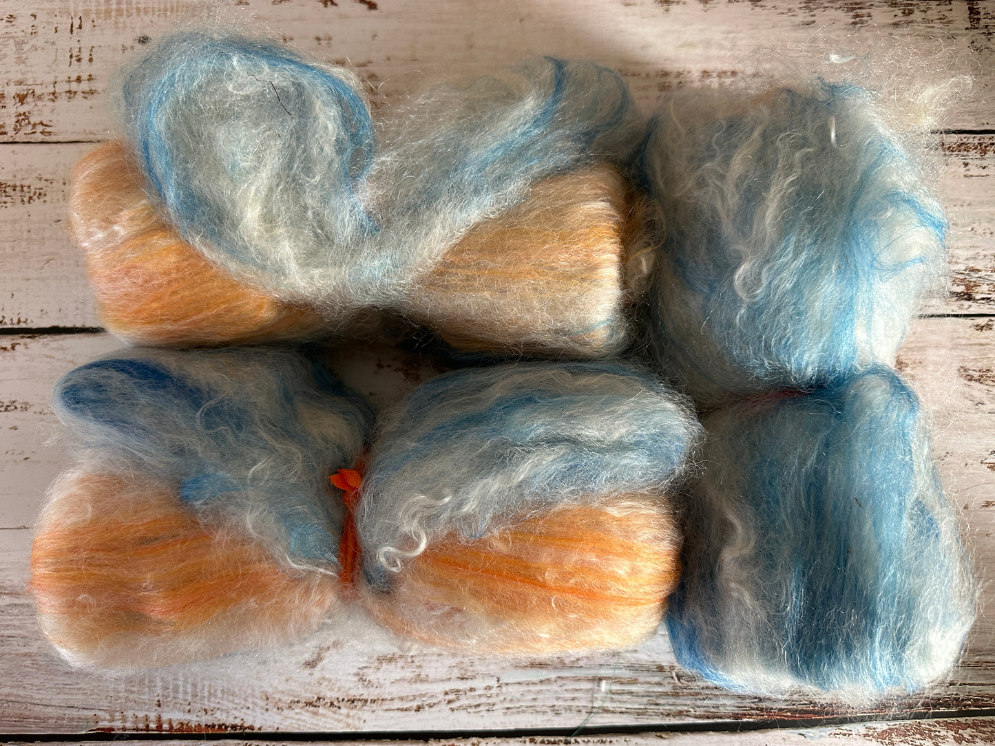 Cashgora, Merino, and Tussah Silk Art Batt for Spinning or Felting ~ Blue and Orange with Ivory Kid Mohair