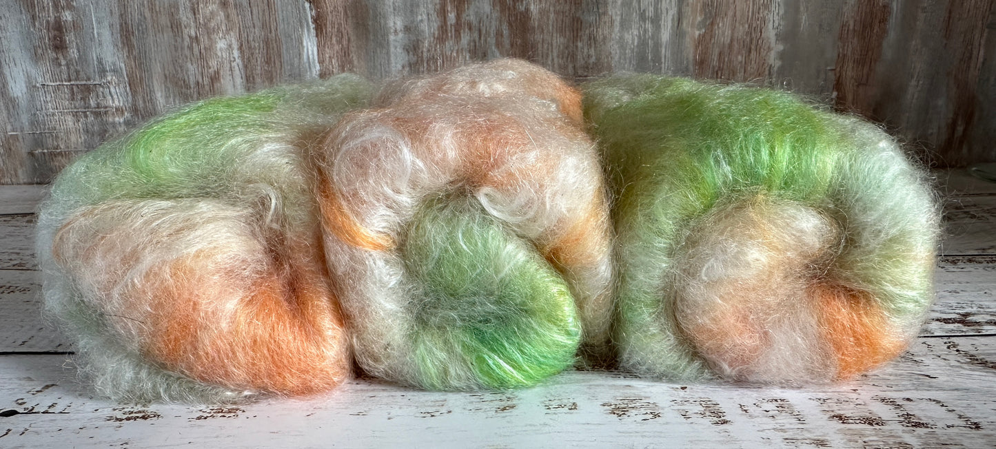 Cashgora, Merino, and Tussah Silk Art Batt for Spinning or Felting ~ Green and Orange with Ivory Kid Mohair