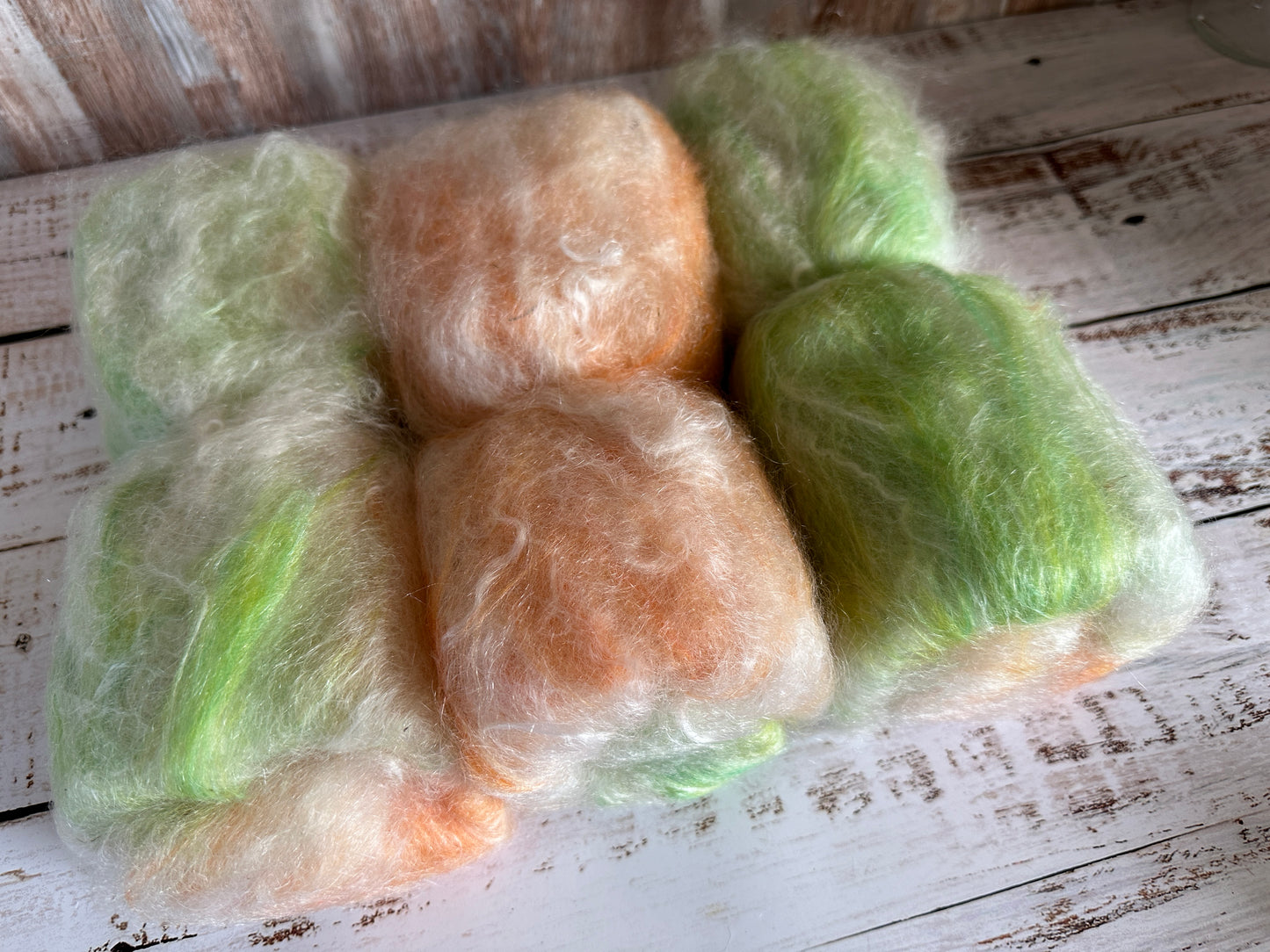 Cashgora, Merino, and Tussah Silk Art Batt for Spinning or Felting ~ Green and Orange with Ivory Kid Mohair