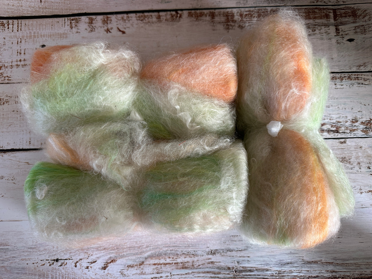 Cashgora, Merino, and Tussah Silk Art Batt for Spinning or Felting ~ Green and Orange with Ivory Kid Mohair