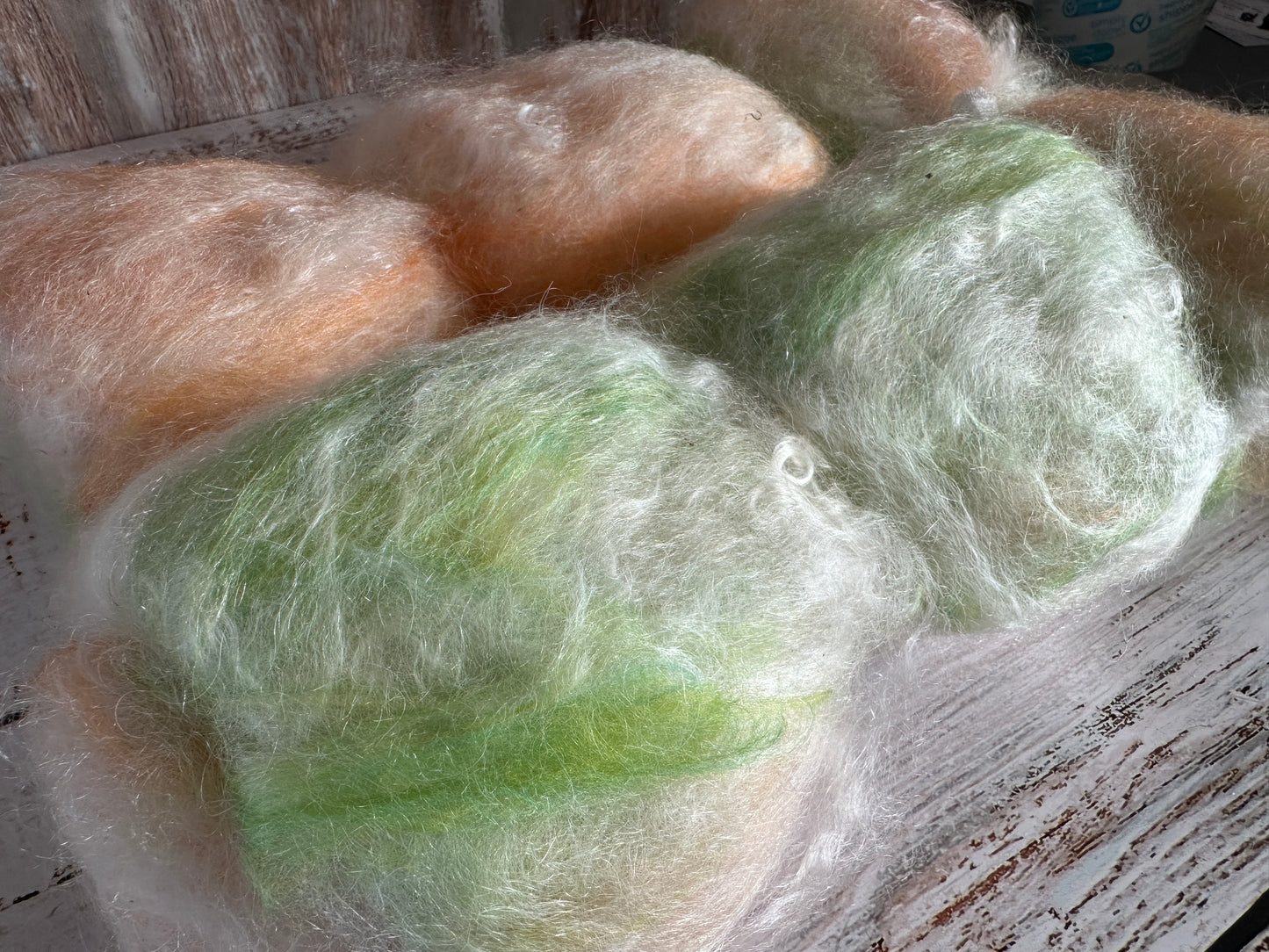 Cashgora, Merino, and Tussah Silk Art Batt for Spinning or Felting ~ Green and Orange with Ivory Kid Mohair