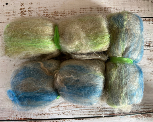 Cashgora, Merino, and Tussah Silk Art Batt for Spinning or Felting ~ Green and Blue with Ivory Kid Mohair