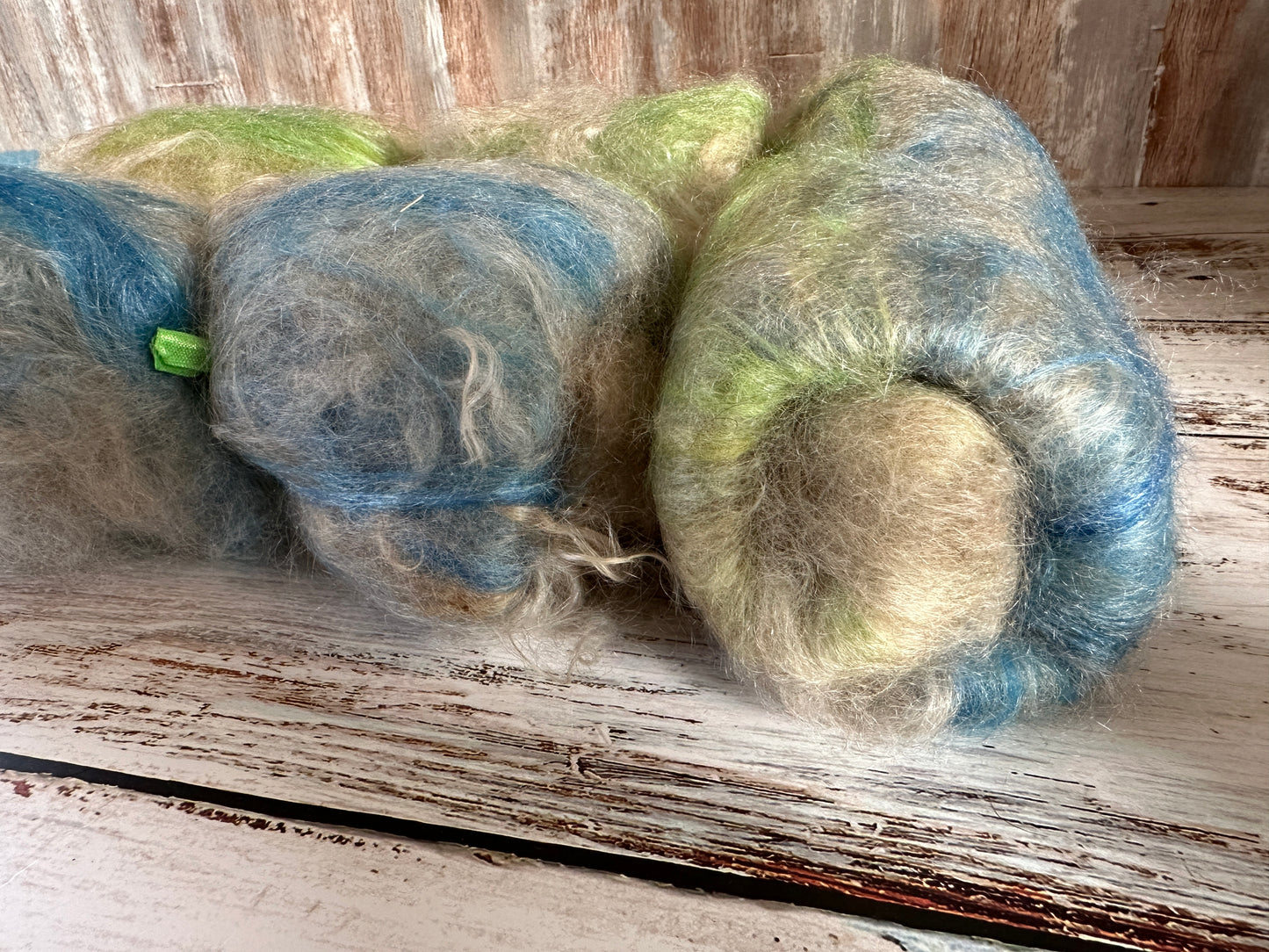 Cashgora, Merino, and Tussah Silk Art Batt for Spinning or Felting ~ Green and Blue with Ivory Kid Mohair