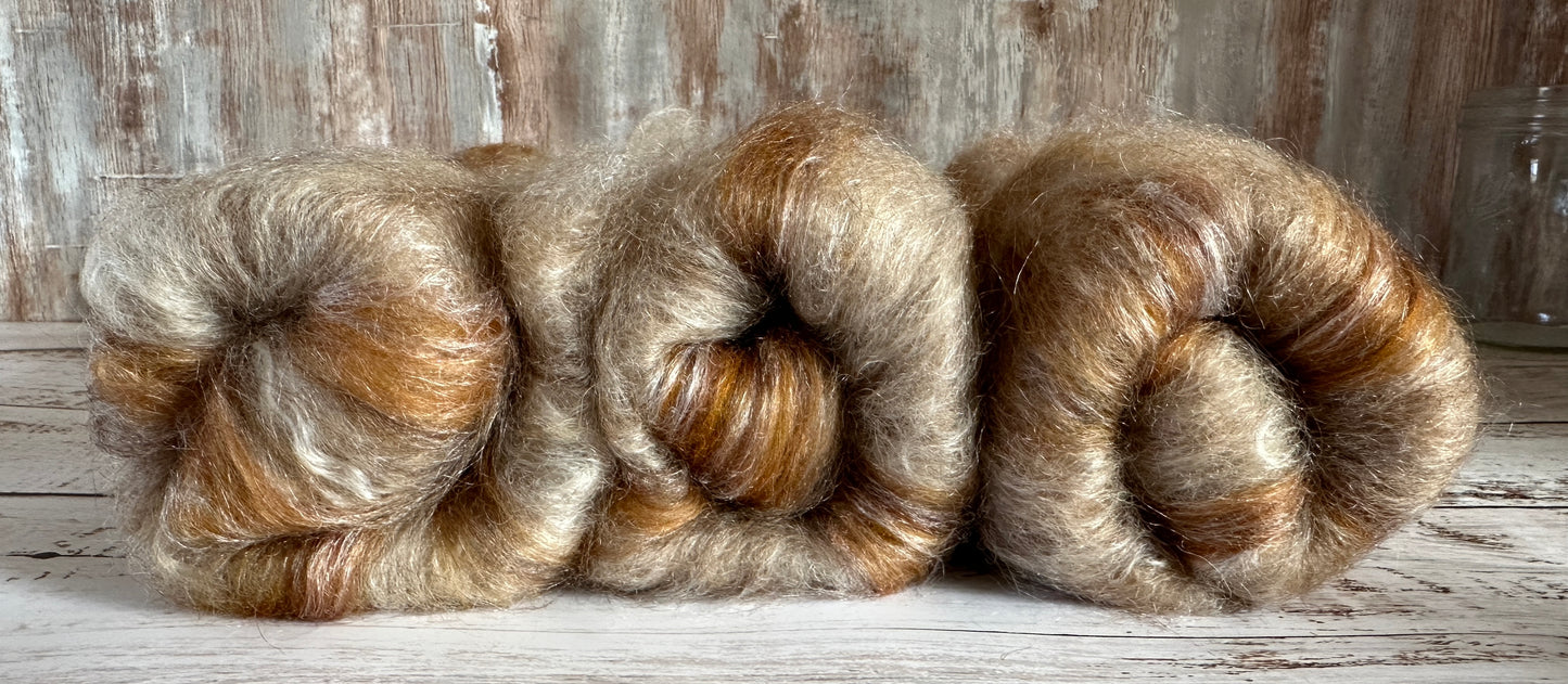 Cashgora, Merino, and Tussah Silk Art Batt for Spinning or Felting ~ Neutrals, Browns, Ecru, with Ivory Kid Mohair