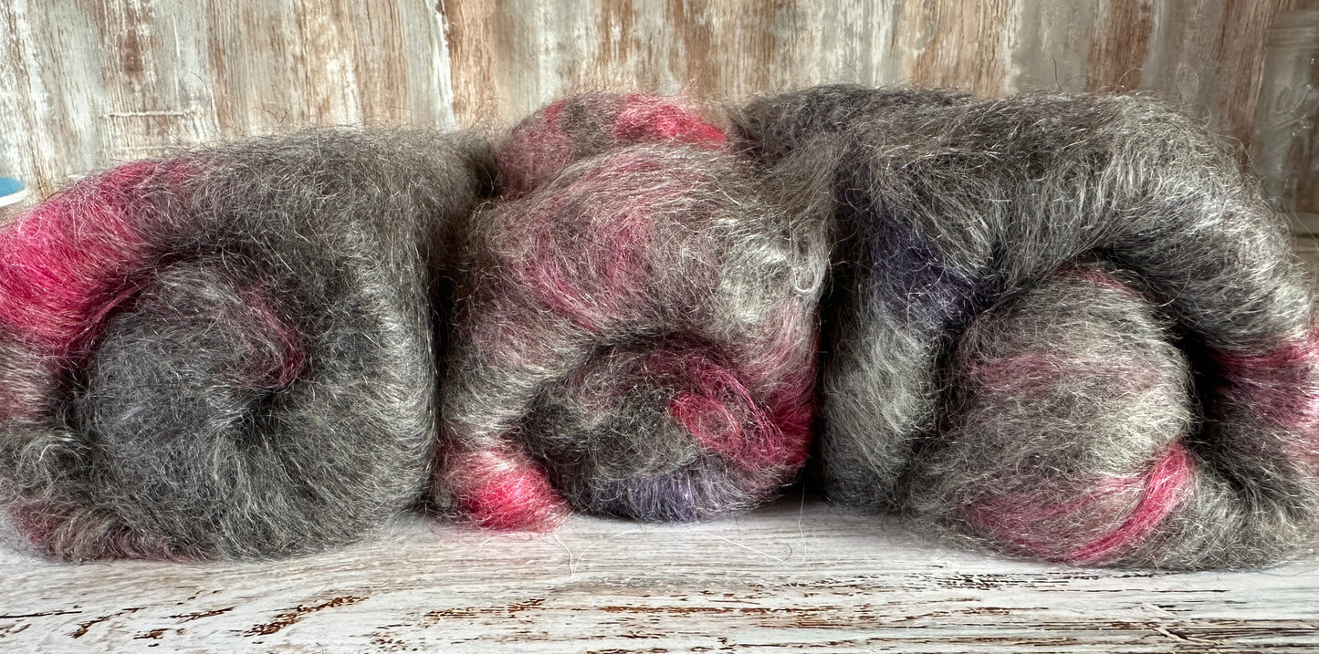 Cashgora, Merino, and Tussah Silk Art Batt for Spinning or Felting ~ Charcoal, Red, Purple