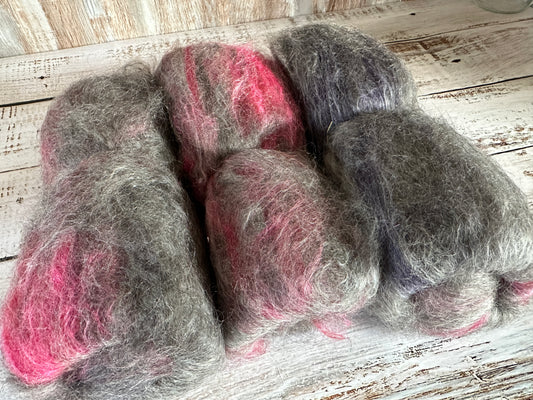 Cashgora, Merino, and Tussah Silk Art Batt for Spinning or Felting ~ Charcoal, Red, Purple