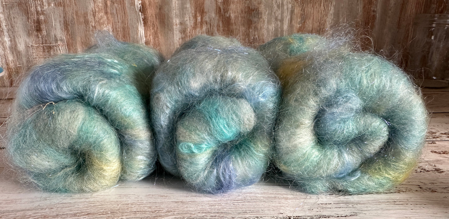 Mohair, Alpaca, Merino, and Firestar Art Batt for Spinning or Felting ~ Caribbean Blues