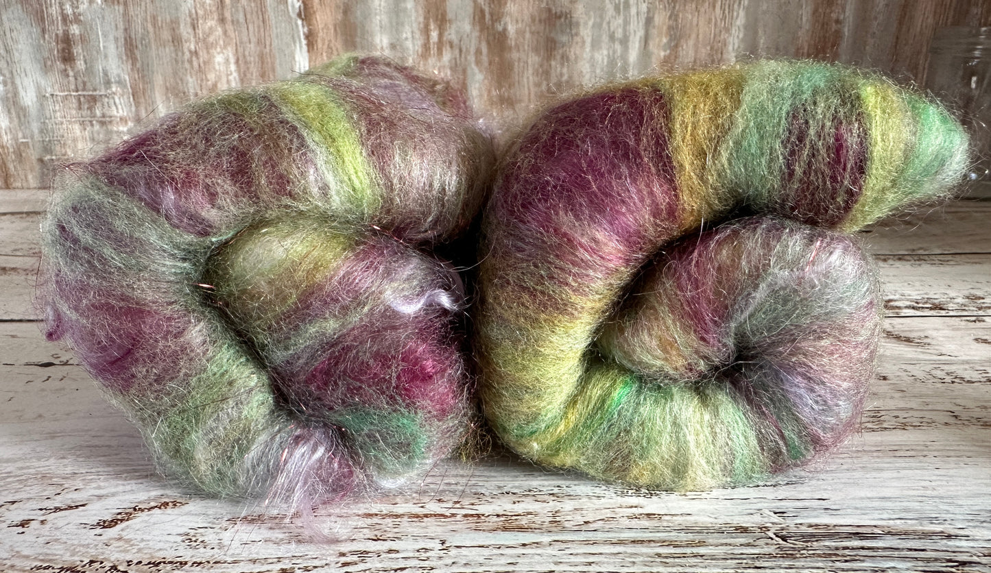 Mohair, BFL Wool, Silk, and Firestar Art Batt for Spinning or Felting ~ Raspberry Bliss