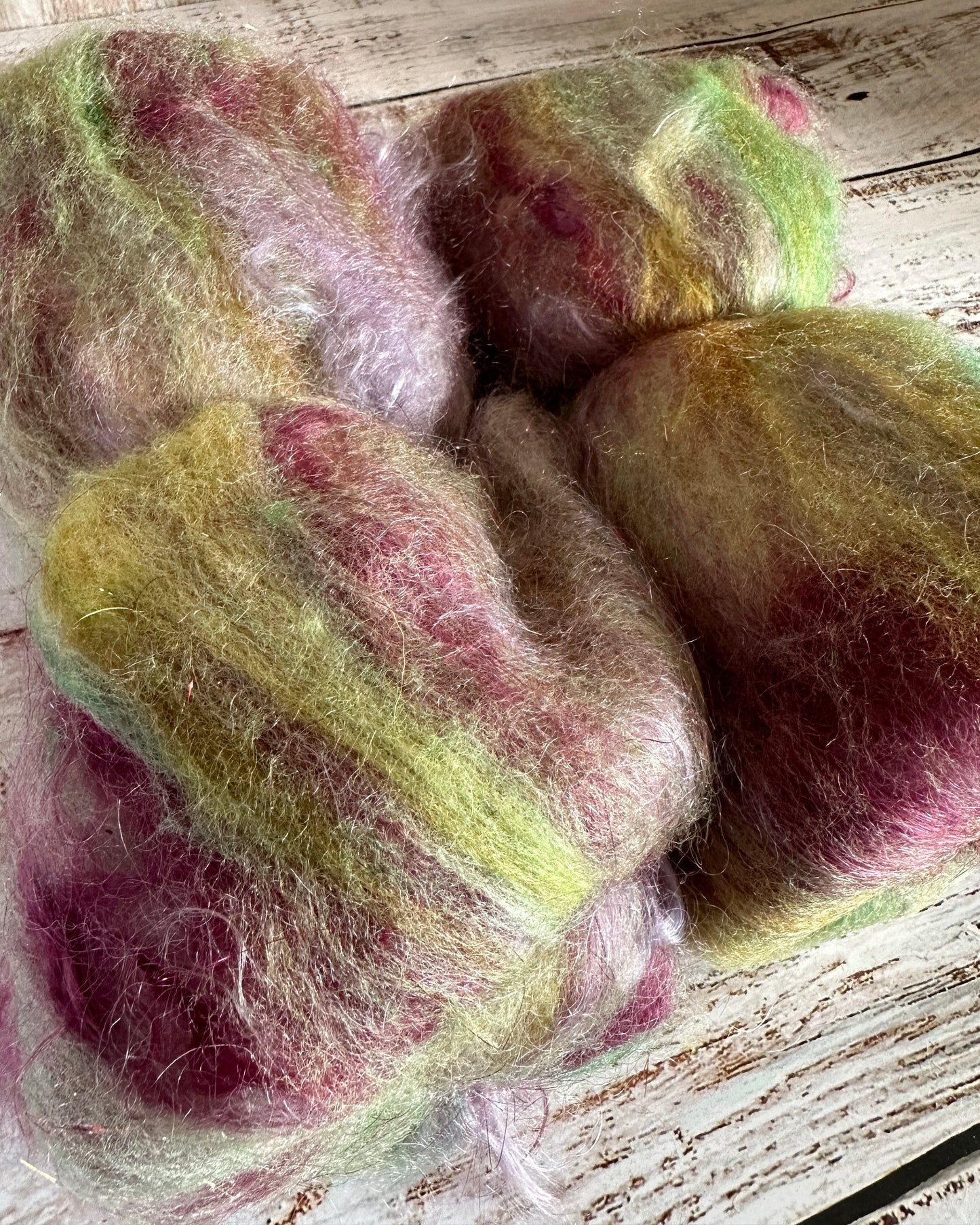 Mohair, BFL Wool, Silk, and Firestar Art Batt for Spinning or Felting ~ Raspberry Bliss