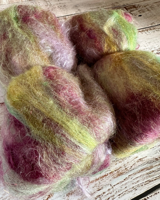 Mohair, BFL Wool, Silk, and Firestar Art Batt for Spinning or Felting ~ Raspberry Bliss