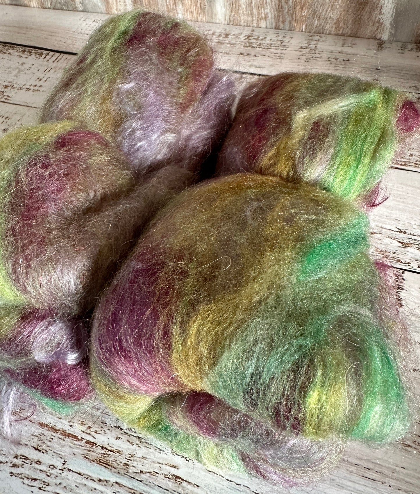Mohair, BFL Wool, Silk, and Firestar Art Batt for Spinning or Felting ~ Raspberry Bliss