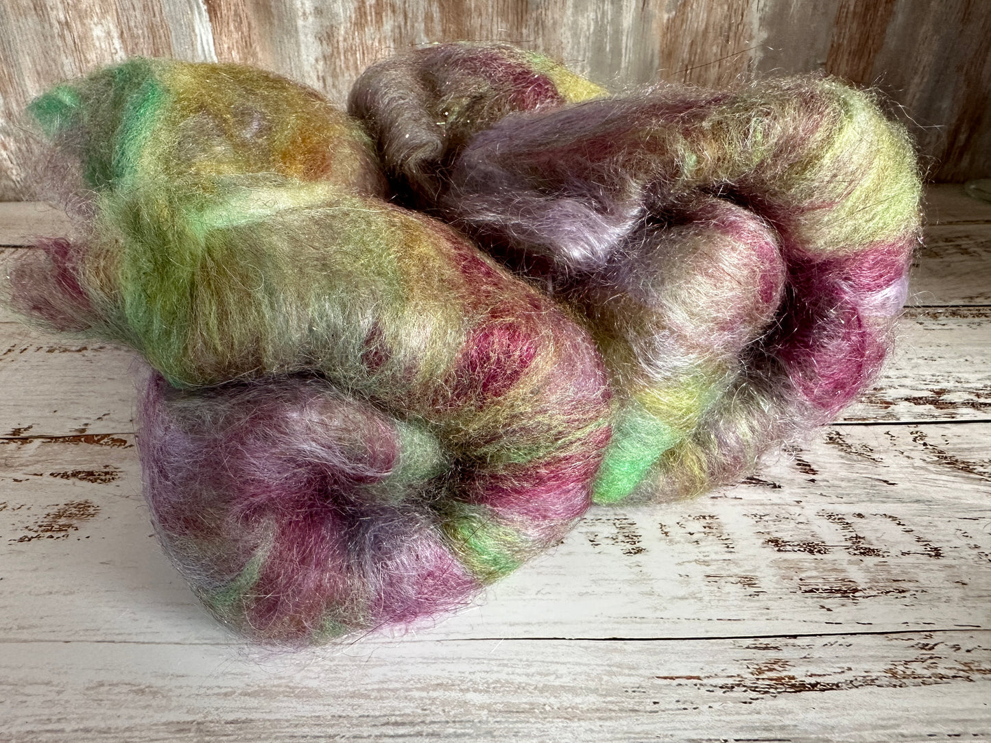 Mohair, BFL Wool, Silk, and Firestar Art Batt for Spinning or Felting ~ Raspberry Bliss