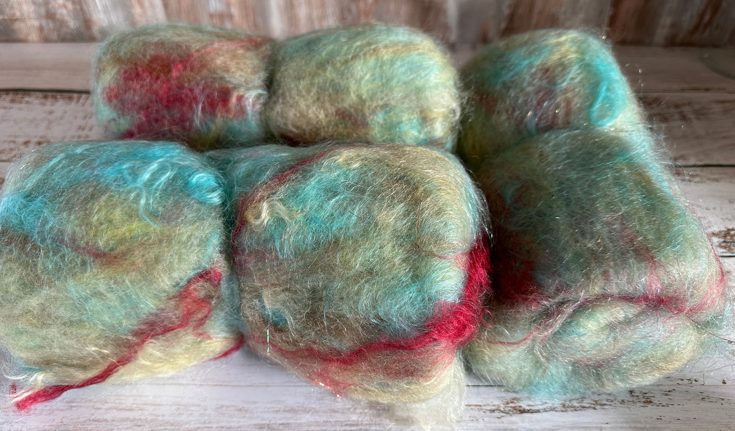 Mohair, Rambouillet Wool, Bamboo, and Firestar Art Batt for Spinning or Felting ~ Ambrosia