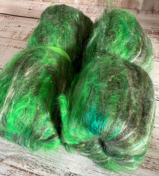 Mohair, Merino Wool, Mint, Sari Silk Art Batt for Spinning or Felting ~ Ribbon Snake