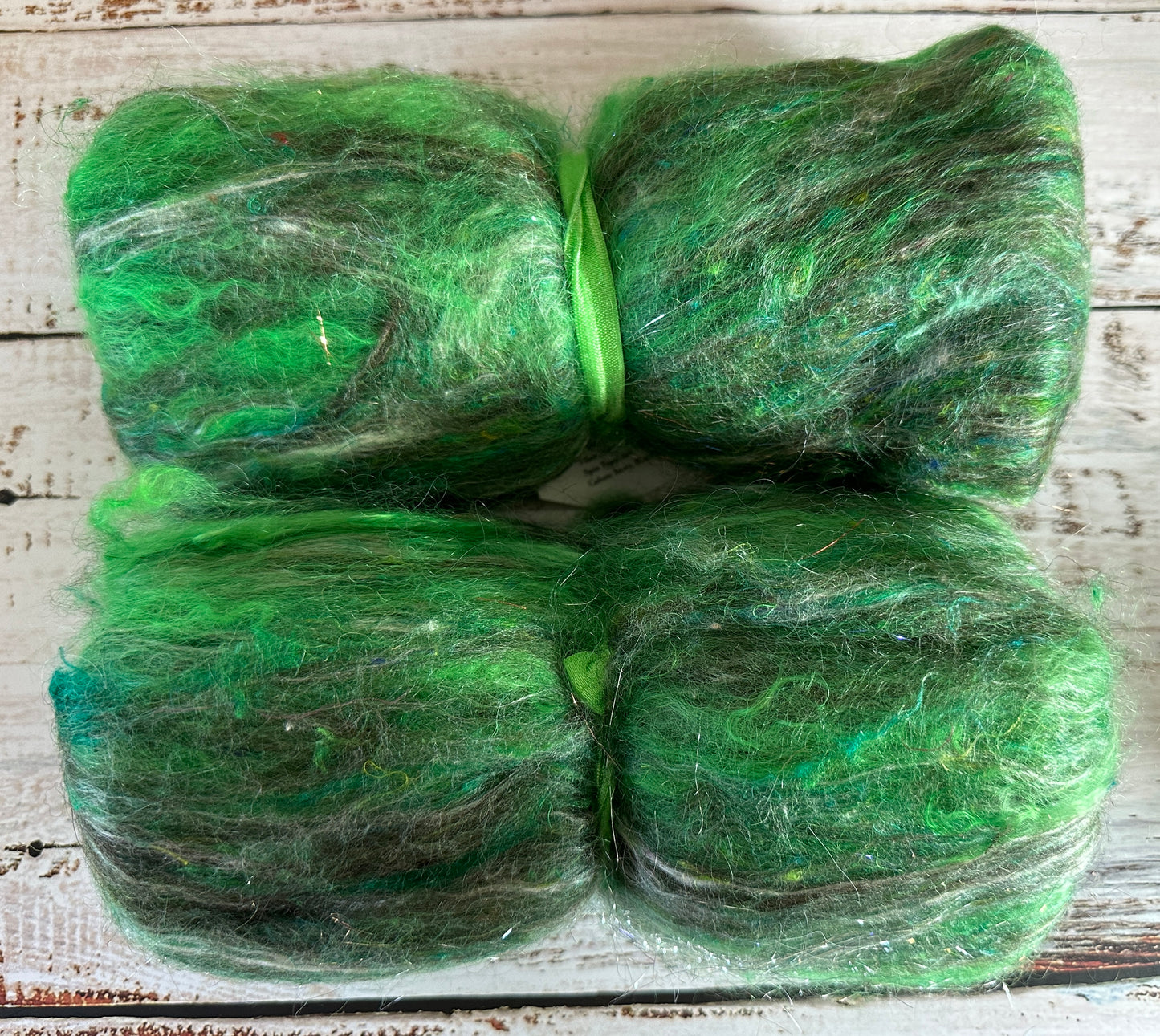 Mohair, Merino Wool, Mint, Sari Silk Art Batt for Spinning or Felting ~ Ribbon Snake