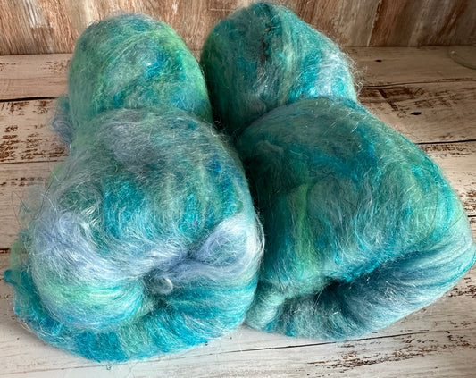Mohair, Merino Wool, Sari Silk Art Batt for Spinning or Felting ~ Blue Burst