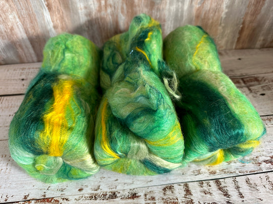 Mohair, Merino Wool, Bamboo, Art Batt for Spinning or Felting ~ Sour Apple