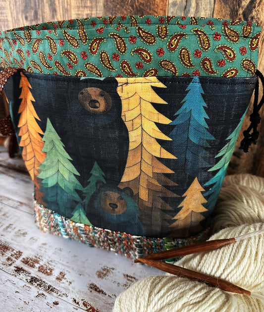 Bears in the Woods with Handwoven Wool Medium Project Bag