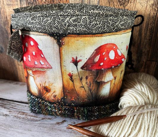 Toadstool Mushrooms with Handwoven Wool Small Project Bag