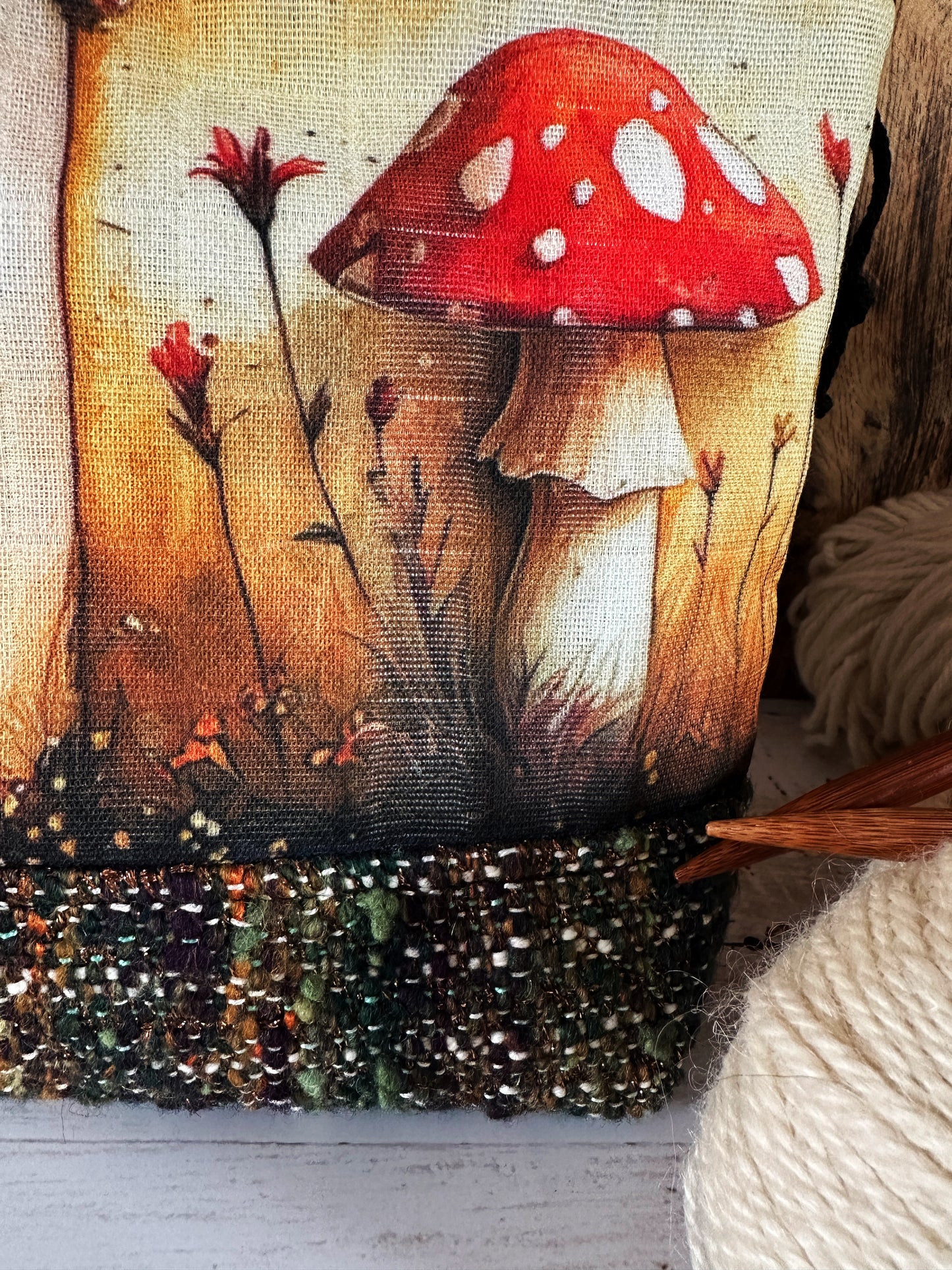 Toadstool Mushrooms with Handwoven Wool Small Project Bag