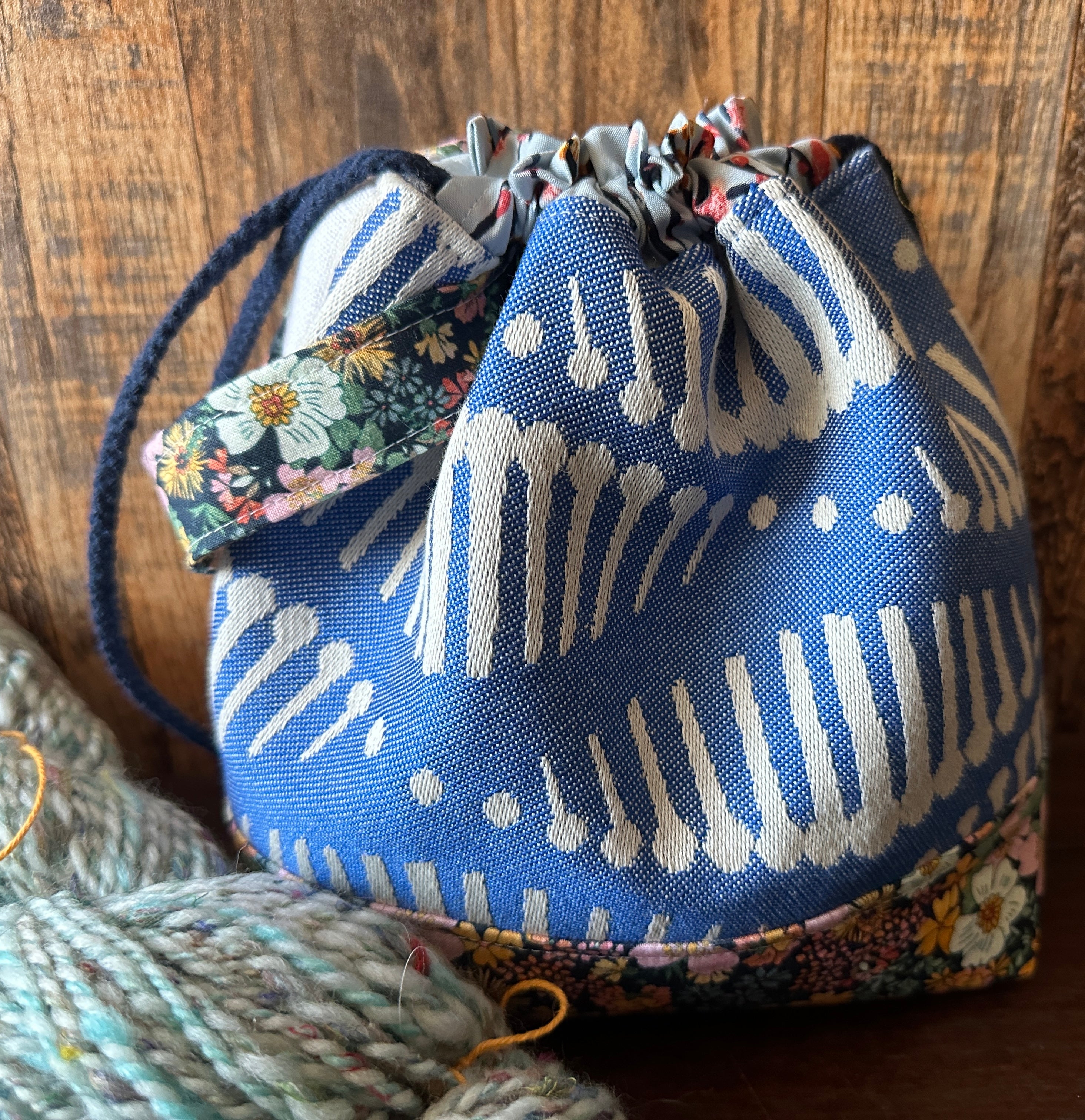 Blue Knitting Project Bag- Project Bags for Knitting- IKAT Bag- Knitting Project Bag- Canvas Tote Bag- 2024 Crochet Project Bag