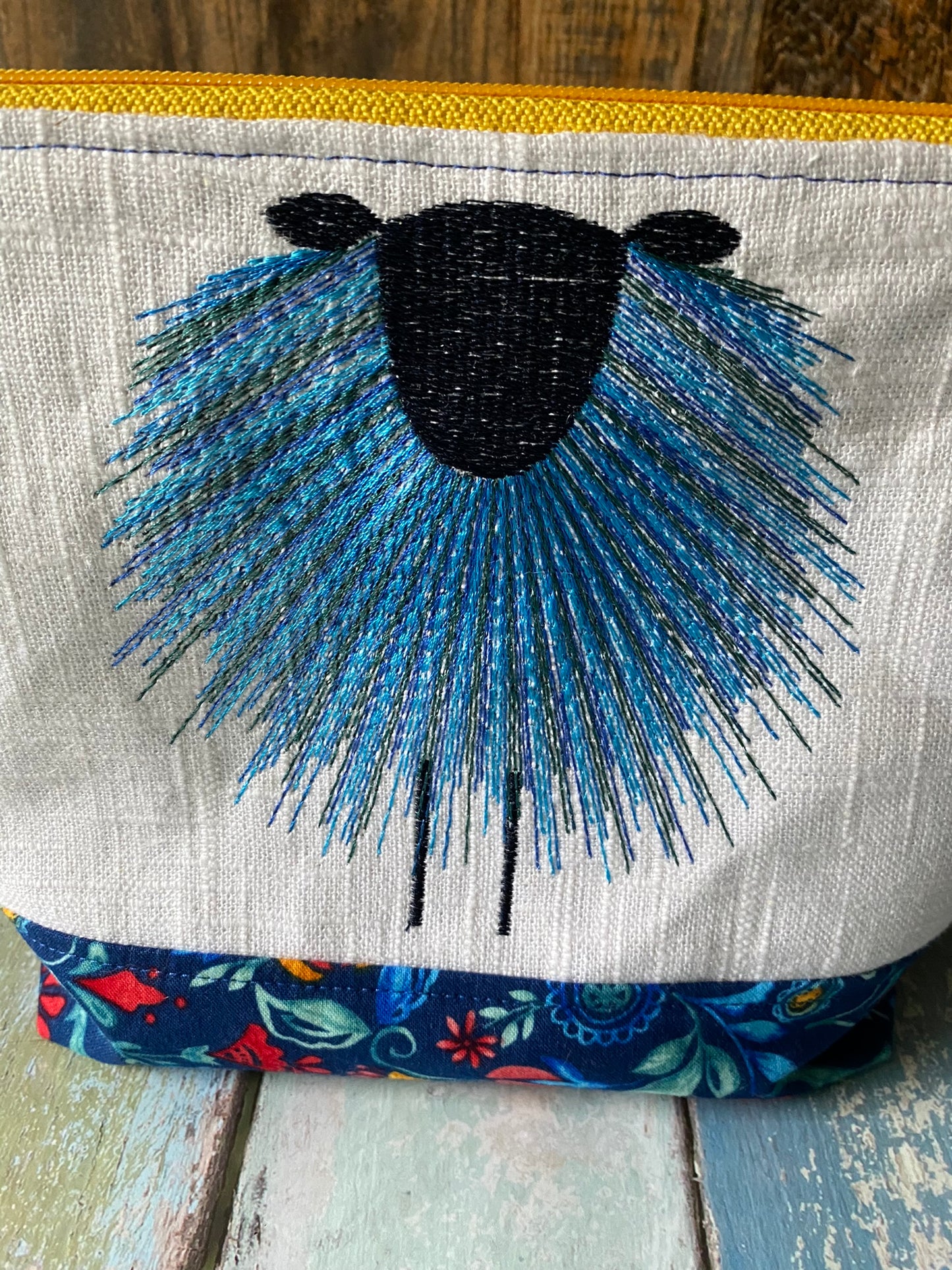 Blue Folk Sheep Project or Cosmetic Zipper Bag