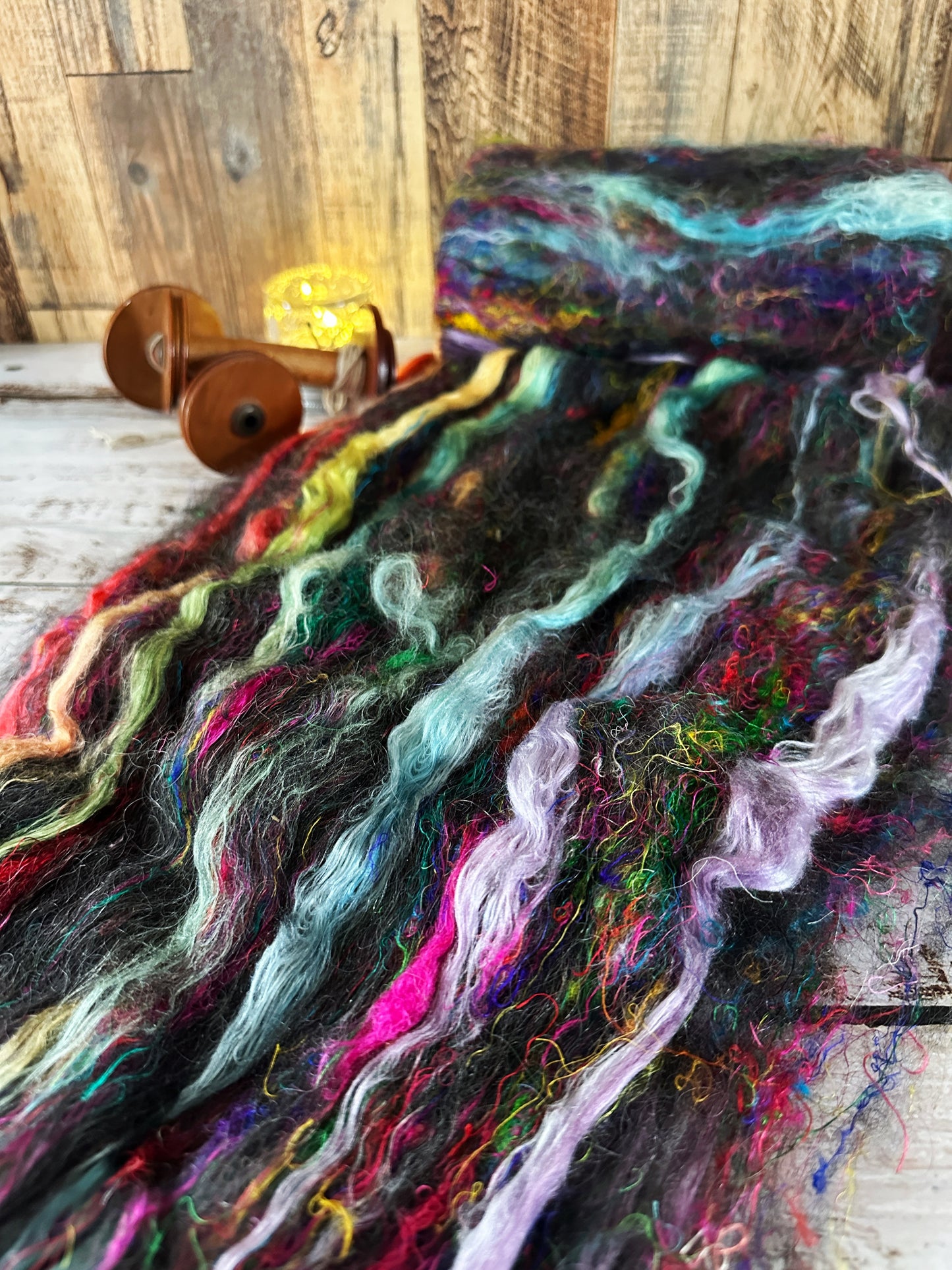 Mohair, Alpaca, Silk and Sari Silk Art Batt for Spinning or Felting