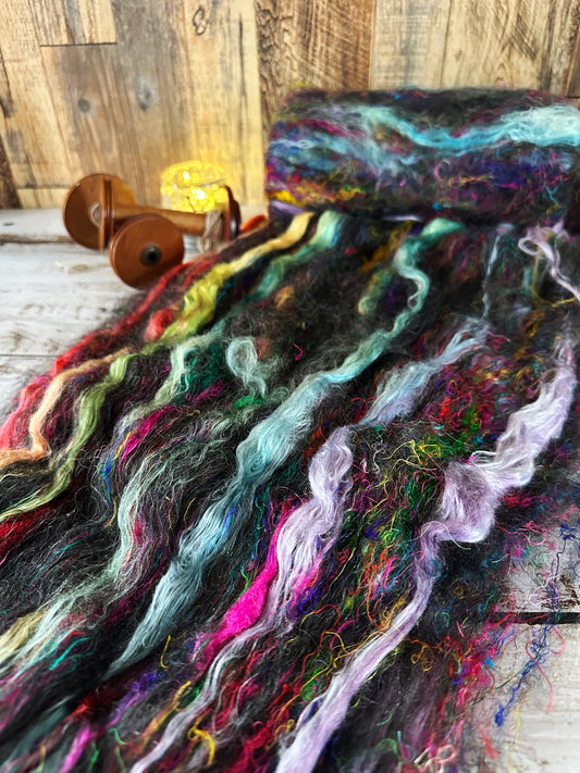 Mohair, Alpaca, Silk and Sari Silk Art Batt for Spinning or Felting