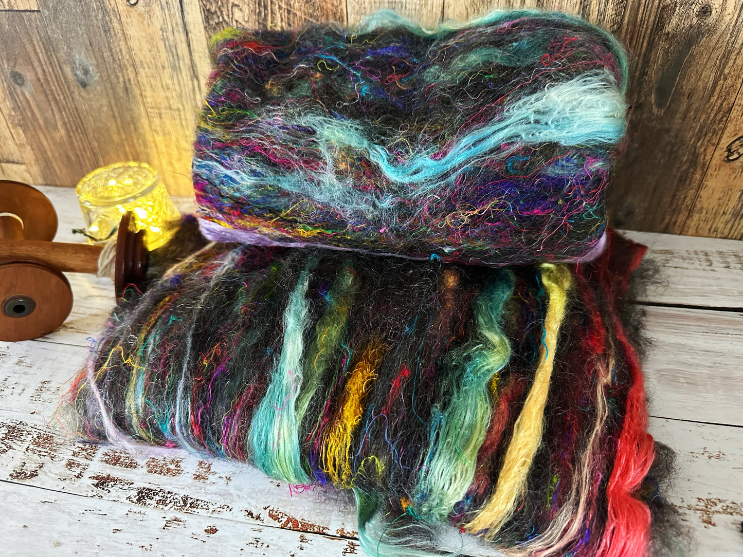 Mohair, Alpaca, Silk and Sari Silk Art Batt for Spinning or Felting
