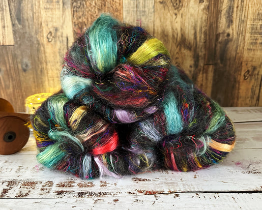 Mohair, Alpaca, Silk and Sari Silk Art Batt for Spinning or Felting