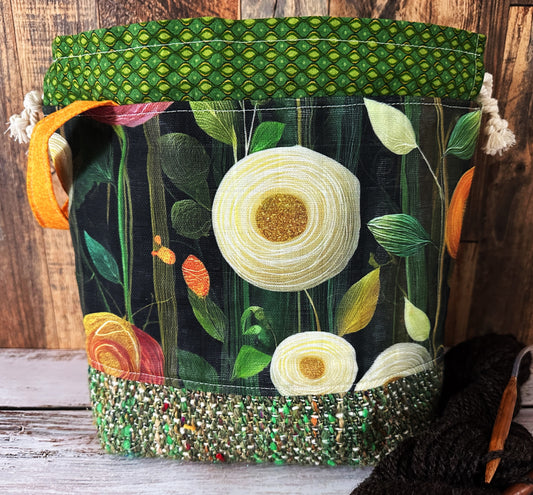 Peony Flowers with Handwoven Llama and Linen Medium Project Bag