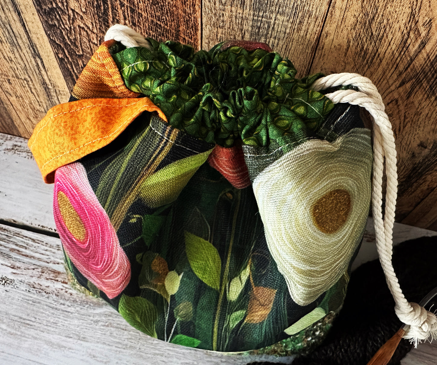 Peony Flowers with Handwoven Llama and Flax Small Project Bag