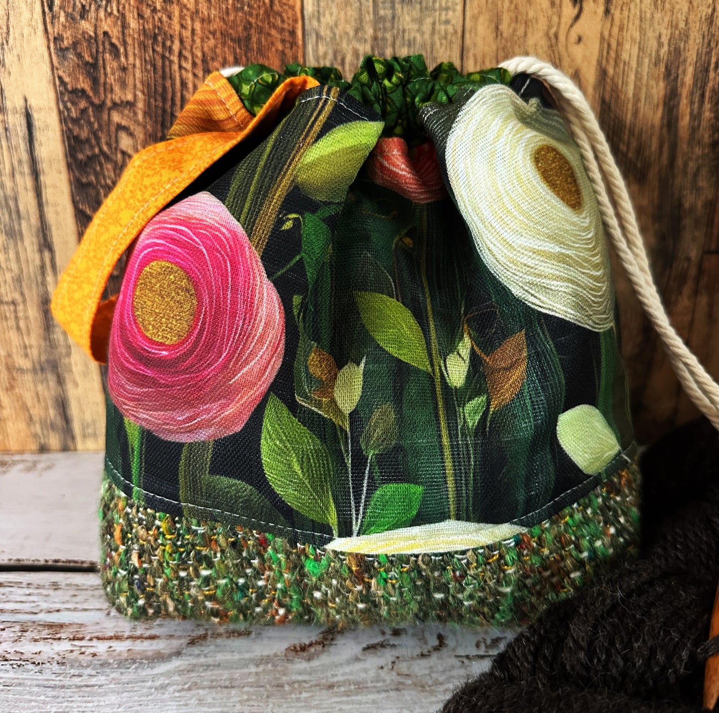 Peony Flowers with Handwoven Llama and Flax Small Project Bag