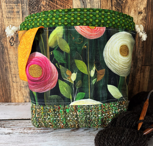 Peony Flowers with Handwoven Llama and Flax Small Project Bag