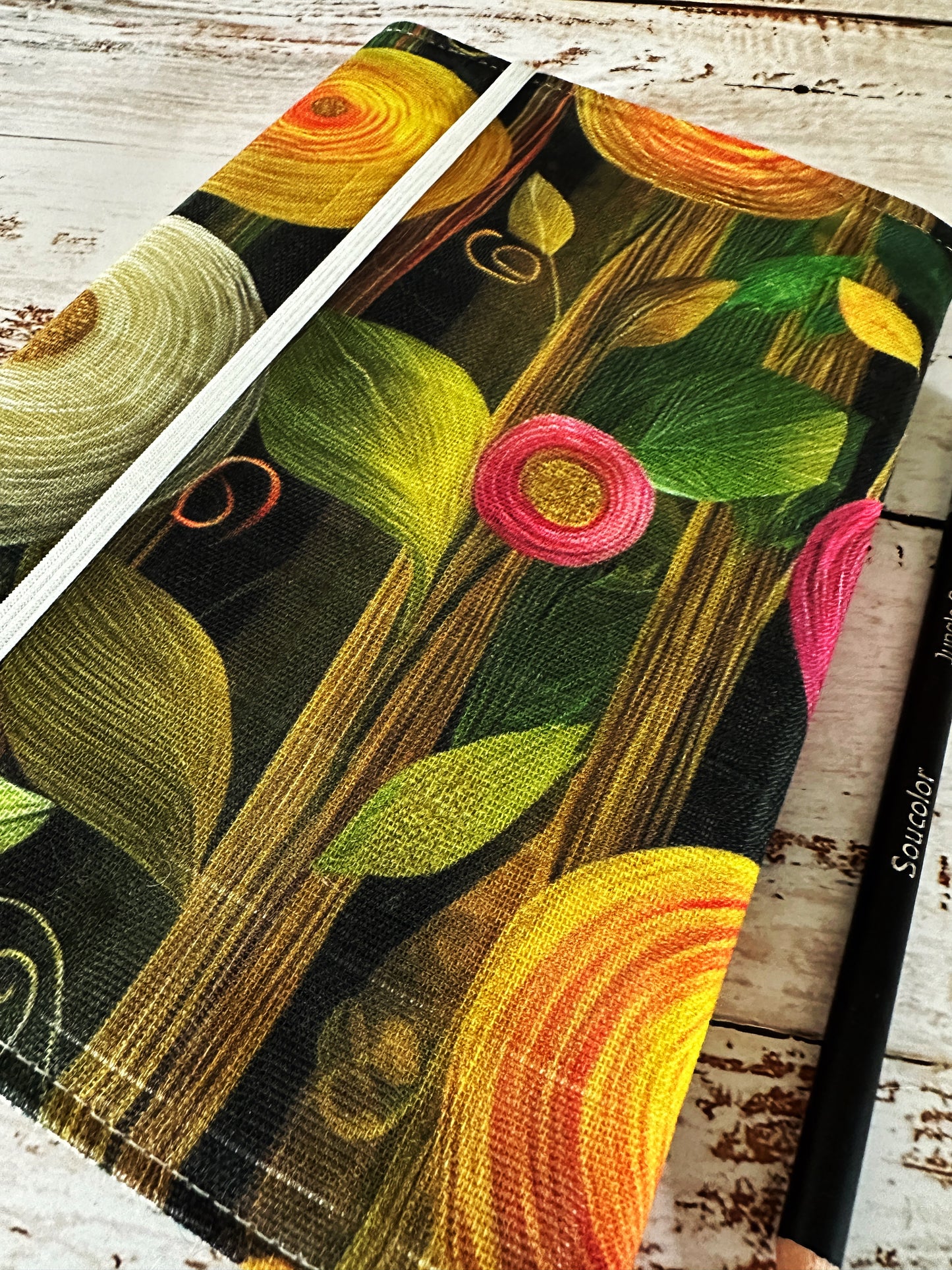 Peony Flowers with Handwoven Llama and Linen Fibers Adjustable A5 Journal Cover