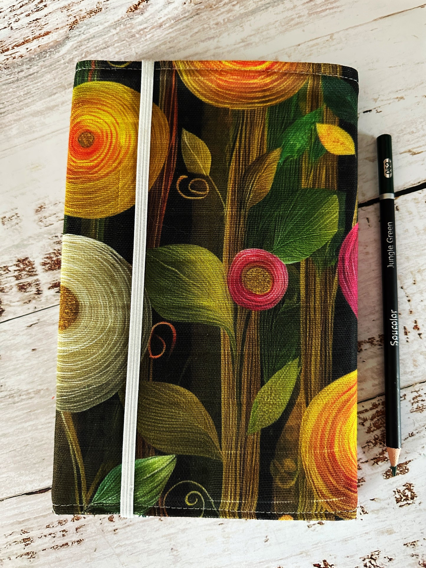 Peony Flowers with Handwoven Llama and Linen Fibers Adjustable A5 Journal Cover
