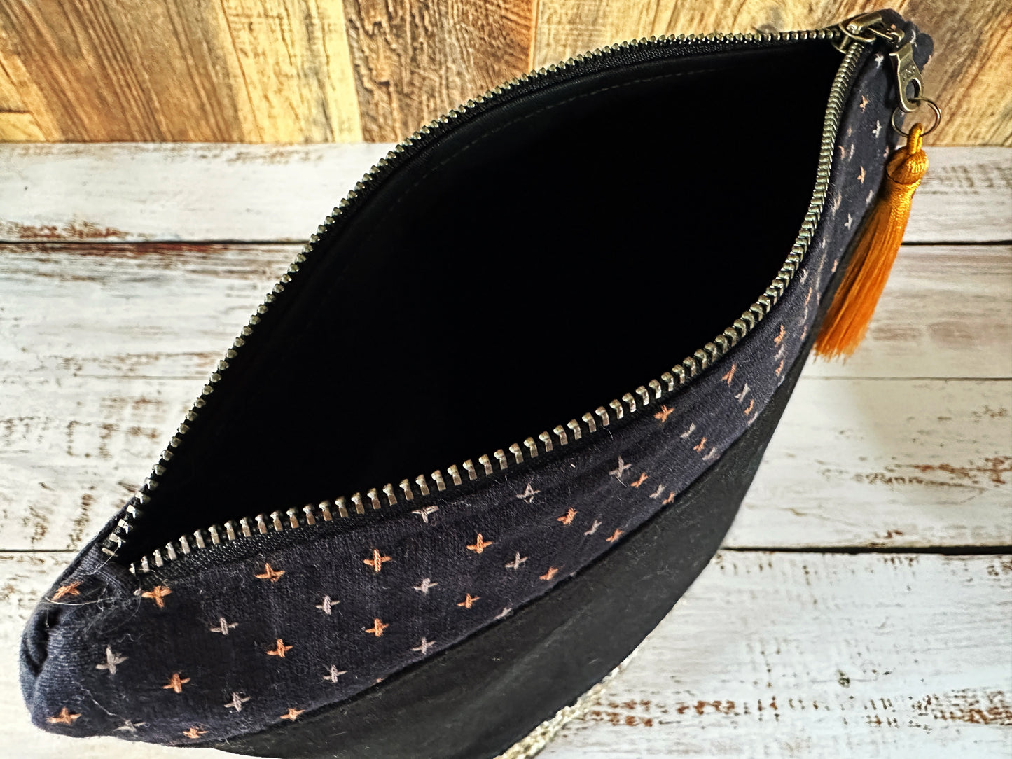 Black Bees and Woven Mohair Cosmetic or Zipper Bag