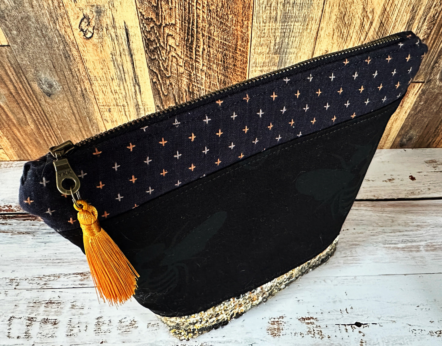 Black Bees and Woven Mohair Cosmetic or Zipper Bag