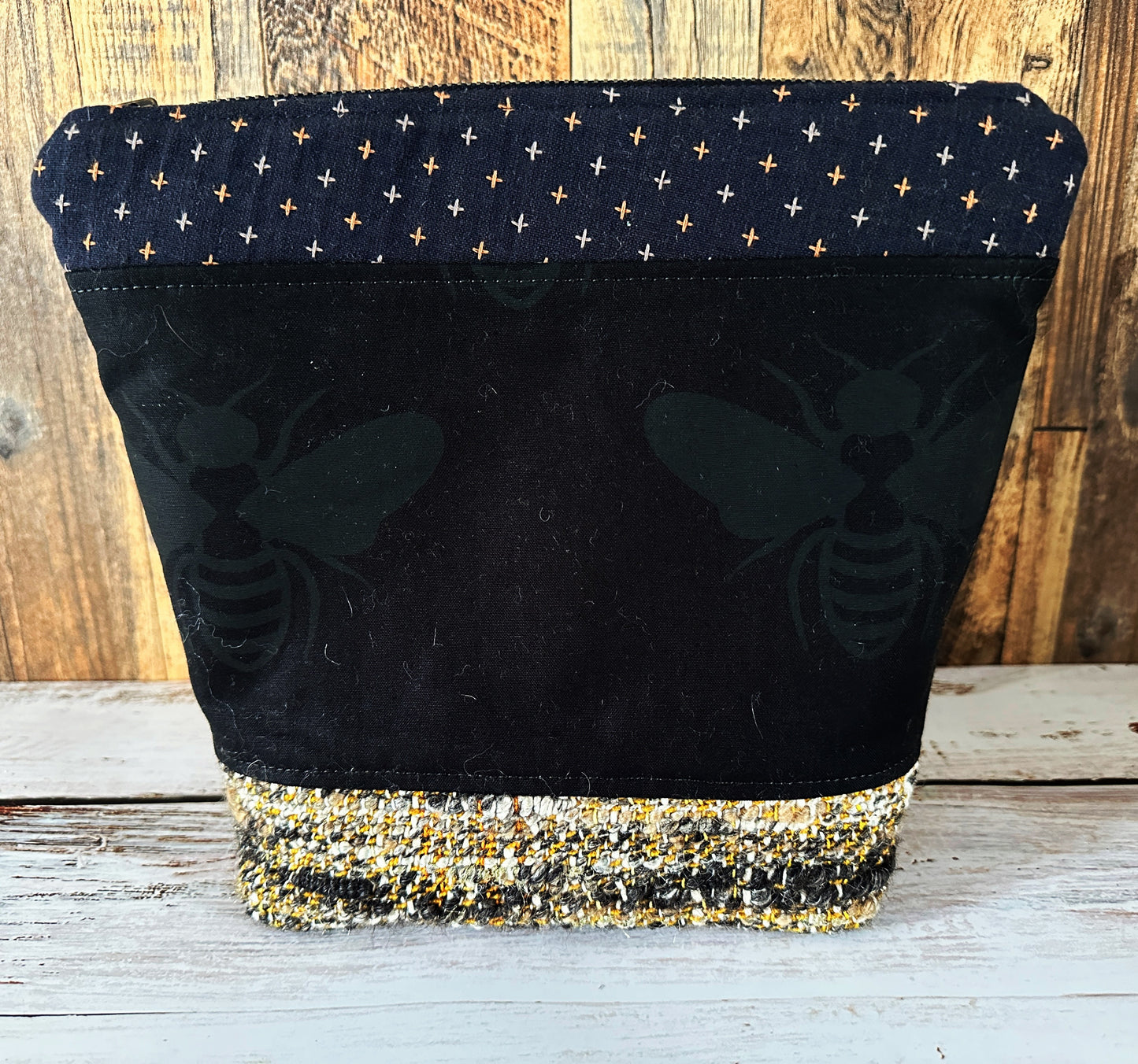 Black Bees and Woven Mohair Cosmetic or Zipper Bag