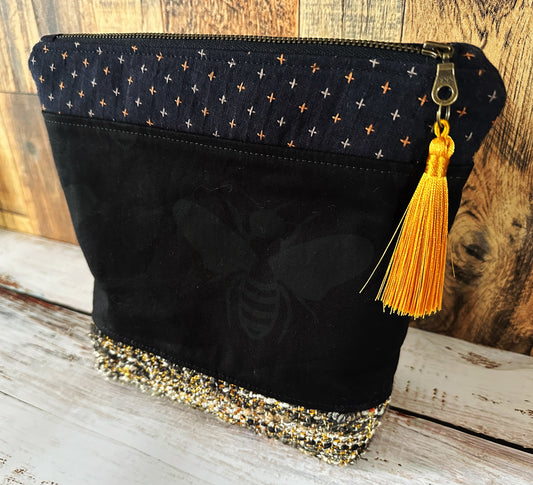 Black Bees and Woven Mohair Cosmetic or Zipper Bag