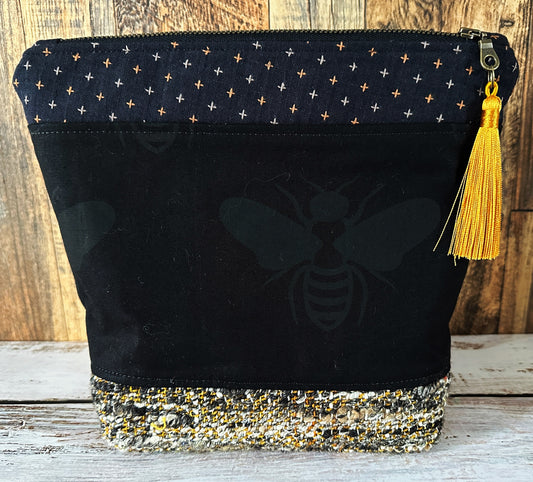 Black Bees and Woven Mohair Cosmetic or Zipper Bag